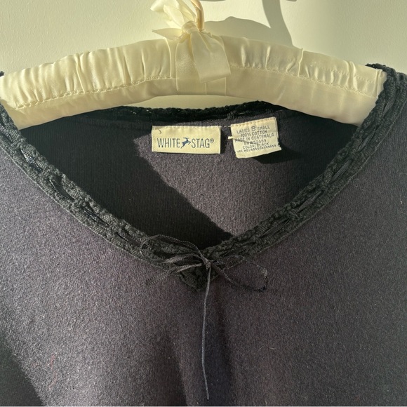 🍁VINTAGE White Stag Black Cotton Long Sleeve Top Lace Ribbon Bow Detail - Picture 4 of 8